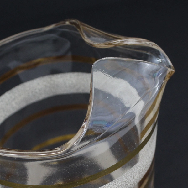 Vintage MCM Frosted Glass Pitcher With Frosted And Gold Bands And Ice Lip 7 "