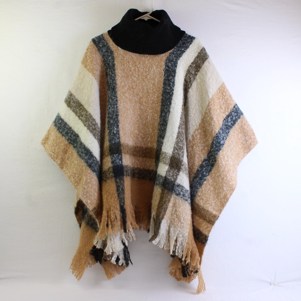 Nine West Gray Beige White Plaid Knit Turtleneck Poncho One Size