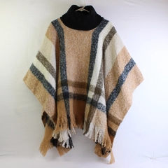 Nine West Gray Beige White Plaid Knit Turtleneck Poncho One Size