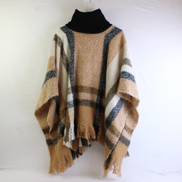 Nine West Gray Beige White Plaid Knit Turtleneck Poncho One Size