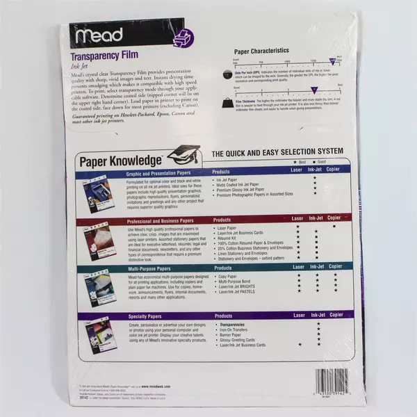 Mead Transparency Film 20 Sheets 8.5x11 Inkjet & Color Laser Printers New