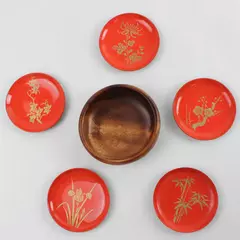 Set of 5 Japanese Lacquerware Mini Plates 3.25" w/ Small Wooden Bowl Orange Gold
