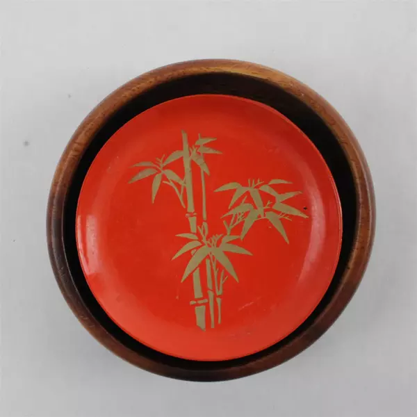 Set of 5 Japanese Lacquerware Mini Plates 3.25" w/ Small Wooden Bowl Orange Gold