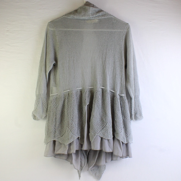 A’Reve Women's M/L Gray Lace Knit and Chiffon Cardigan with Ruffles