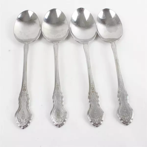 Set of 4 Oneida Folk Art Burnished Stainless Oval Soup Spoon 6.75" 