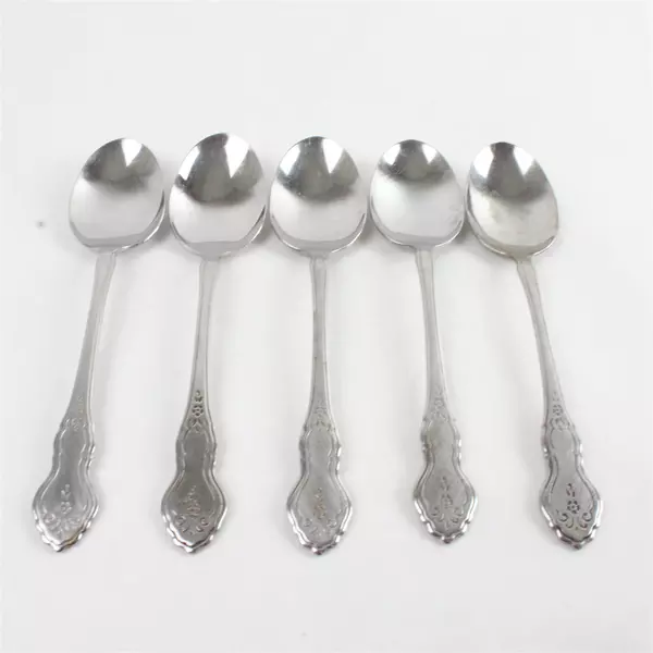 Set of 5 Oneida Folk Art Burnished Stainless Oval Soup Spoons - 6.75"