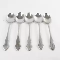 Set of 5 Oneida Folk Art Burnished Stainless Oval Soup Spoons - 6.75"