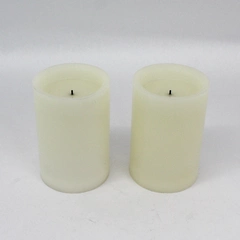 Set of 2 Crate & Barrel Warm Off White Flameless 4" x 6" Wax Pillar Candles