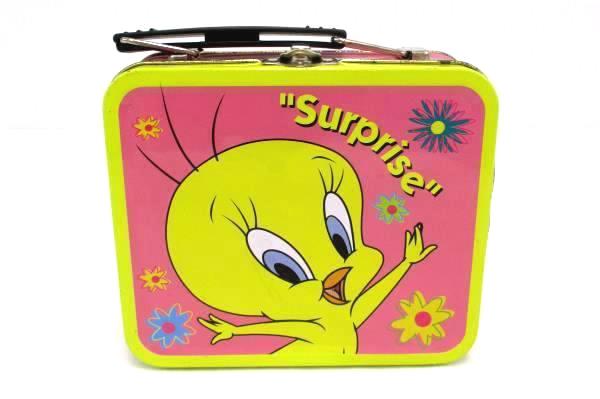 Lot of 2 Pink Metal Lunchbox Tin Strawberry Shortcake and Tweety Bird Surprise