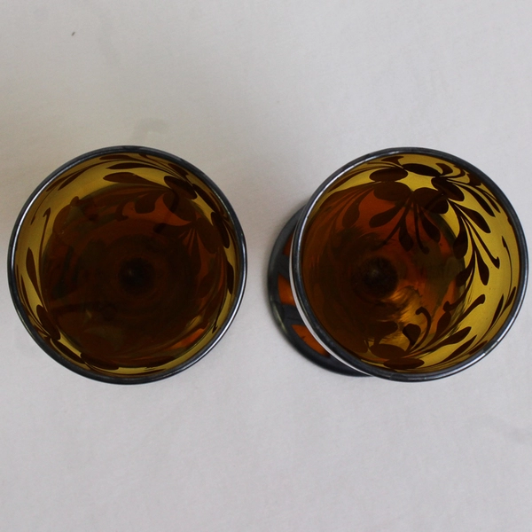 Sterling Silver Overlay on Amber Glass Mini Goblets