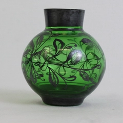 Vintage Green Glass Vase With Silver Tone Overlay Floral Motif