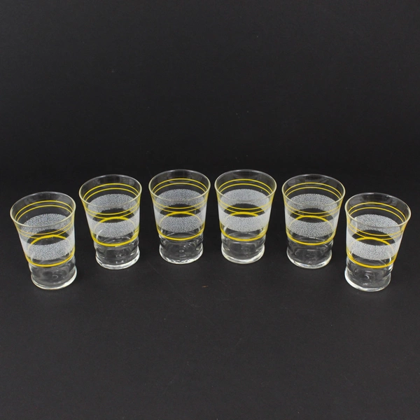 Set of 6 MCM Clear Glass juice Glasses Frosted And Yellow Stripes