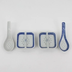 Set of 2 Chinese Ceramic Rice Grain Pattern Square Dipping Bowls With Spoons