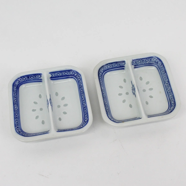 Set of 2 Chinese Ceramic Rice Grain Pattern Square Dipping Bowls With Spoons