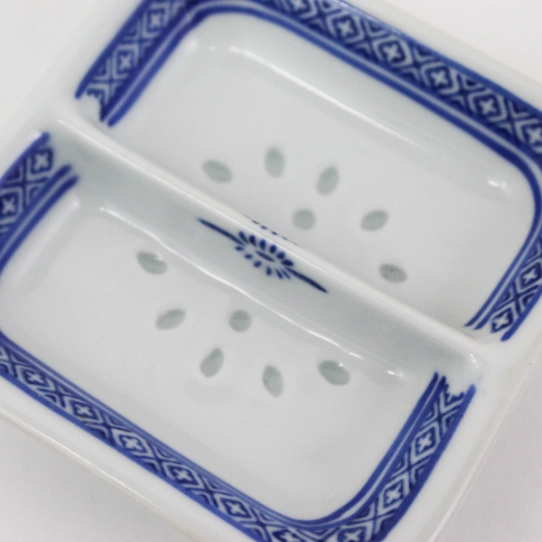 Set of 2 Chinese Ceramic Rice Grain Pattern Square Dipping Bowls With Spoons
