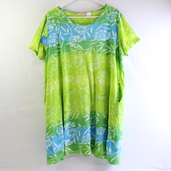 La Cera Women's XL Green Floral Short Sleeve Shirt Dress with Pockets