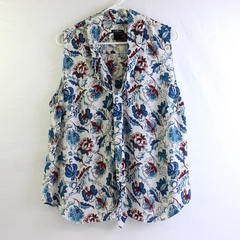 Ann Taylor White Red Blue Floral Tie Neck Sleeveless Blouse Women's XL