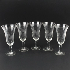 Lot Of 5 Unbranded Clear Glass Stemmed Drinking Glass Floral Etched 6.25" Tall