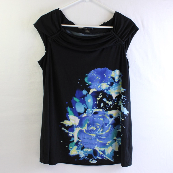 Style & Co. Black Ruched Blouse Blue Rose Graphic Women's Large