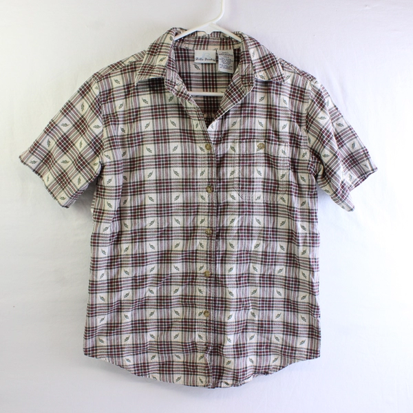 Bobbie Brooks Off-White Red Green Plaid Leaf Design Button-Up Women's Small