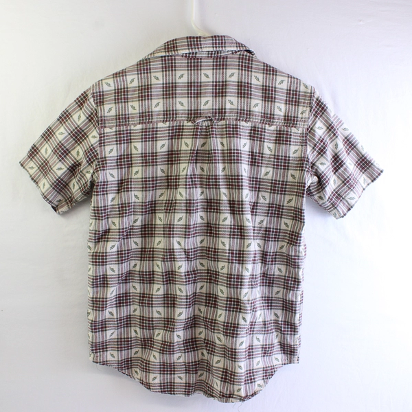 Bobbie Brooks Off-White Red Green Plaid Leaf Design Button-Up Women's Small