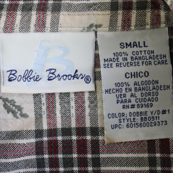 Bobbie Brooks Off-White Red Green Plaid Leaf Design Button-Up Women's Small