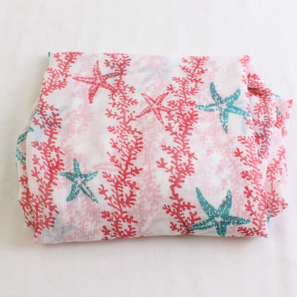 Letarte Swimwear White Coral Teal Starfish Print Sheer Coverup Sarong 46" x 77"