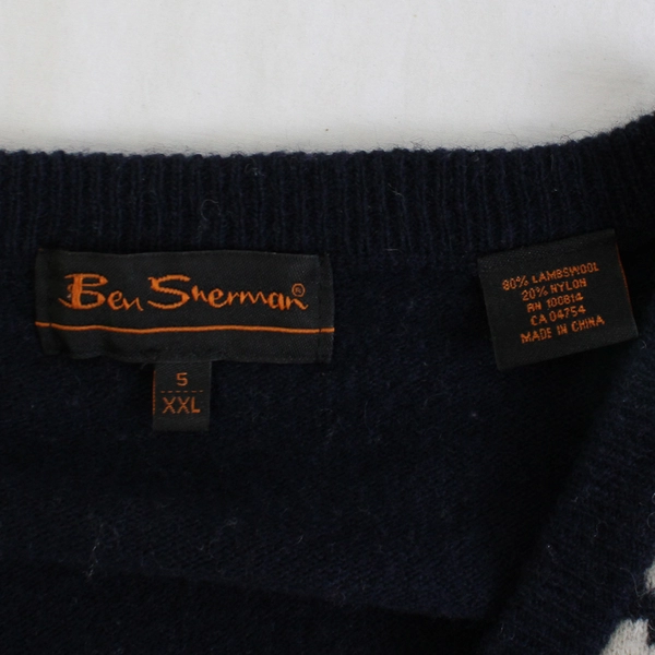 Ben Sherman Navy and Off-White Lambswool Blend Sweater Men's Size XXL FLAWED