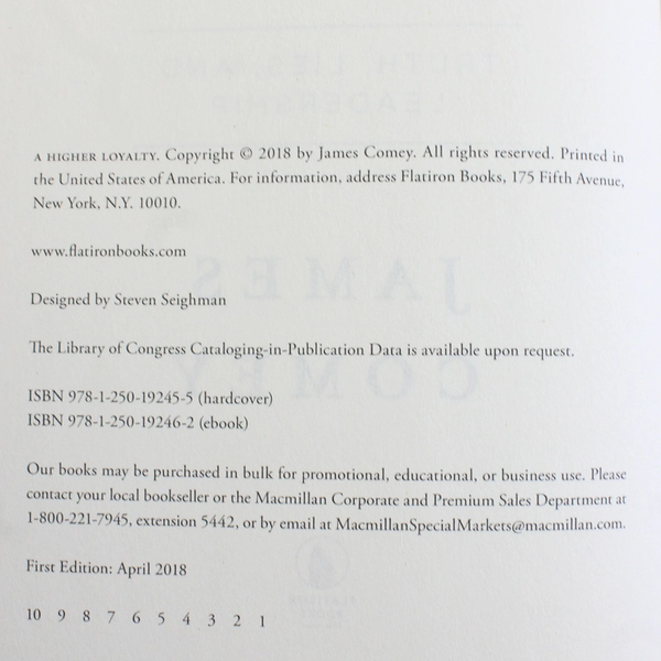 A Higher Loyalty Truth Lies and Leadership by James Comey 2018 1st Edition HC DJ