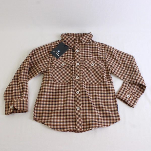 NWT Ben Sherman Brown Red Blue Gingham Long-Sleeve Button-Up Boys' Size 4