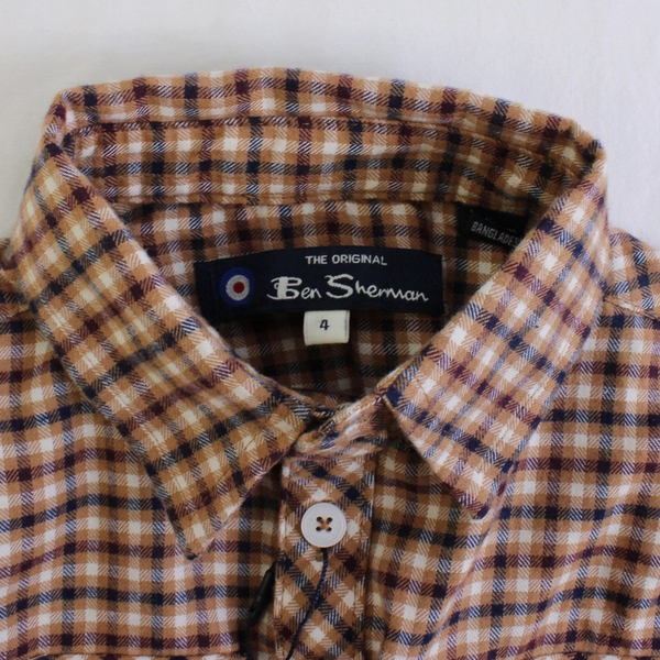 NWT Ben Sherman Brown Red Blue Gingham Long-Sleeve Button-Up Boys' Size 4