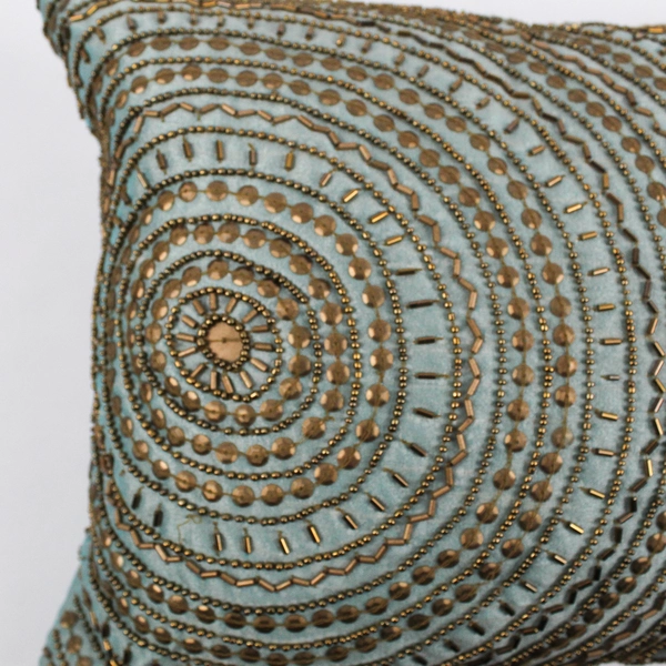 Newport Beaded Throw Pillow Cushion Turquoise Gold Beads 11" x 19"