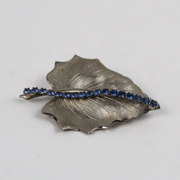 Vintage Silver-Tone Leaf Brooch with Blue Rhinestones 2"