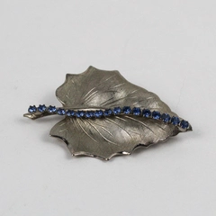 Vintage Silver-Tone Leaf Brooch with Blue Rhinestones 2"