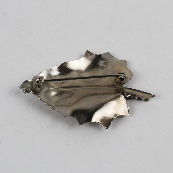 Vintage Silver-Tone Leaf Brooch with Blue Rhinestones 2"