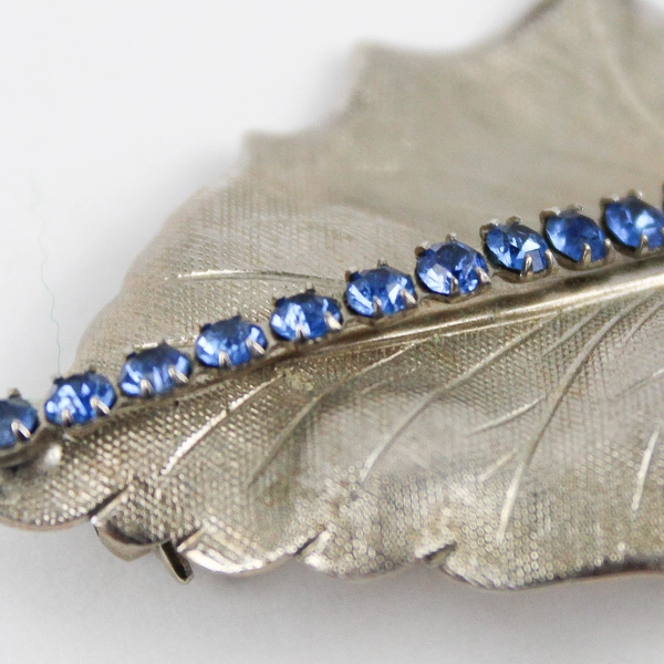Vintage Silver-Tone Leaf Brooch with Blue Rhinestones 2"