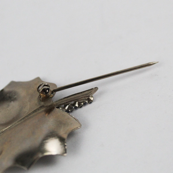 Vintage Silver-Tone Leaf Brooch with Blue Rhinestones 2"