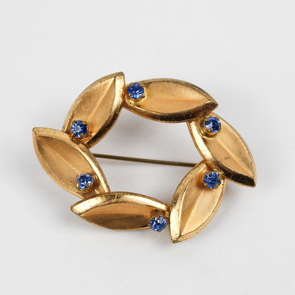 Vintage Gold-Tone Leaf Brooch with Blue Rhinestones 2"