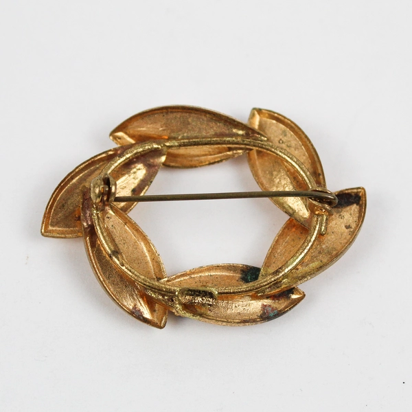 Vintage Gold-Tone Leaf Brooch with Blue Rhinestones 2"