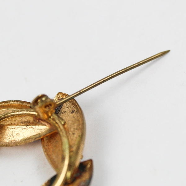 Vintage Gold-Tone Leaf Brooch with Blue Rhinestones 2"