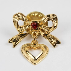 Vintage Gold-Tone Bow with Dangling Heart Red Stone Lapel Pin