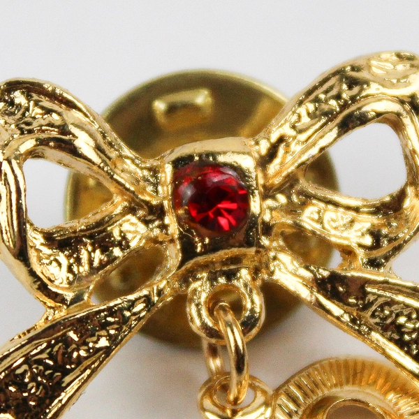 Vintage Gold-Tone Bow with Dangling Heart Red Stone Lapel Pin