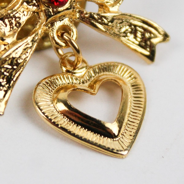 Vintage Gold-Tone Bow with Dangling Heart Red Stone Lapel Pin