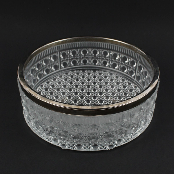 Unbranded Cut Glass Bowl With Silver Decor Plate Rimming 9" Diameter 3.25" Tall