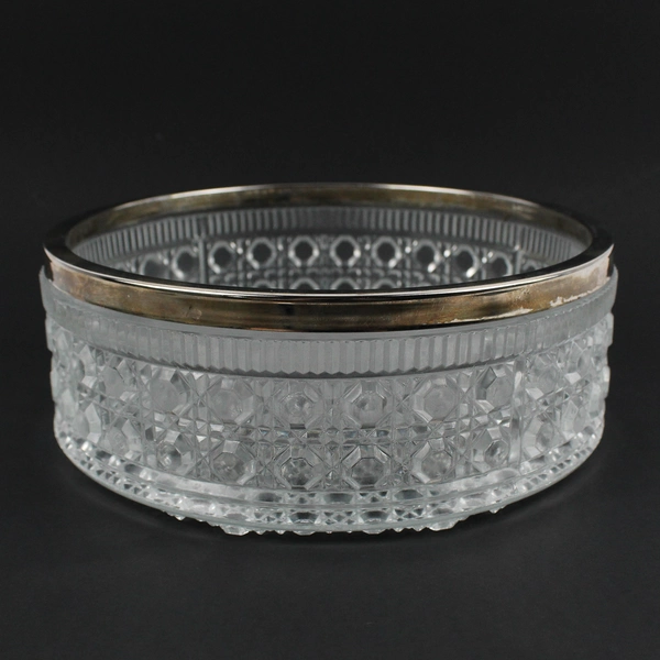 Unbranded Cut Glass Bowl With Silver Decor Plate Rimming 9" Diameter 3.25" Tall