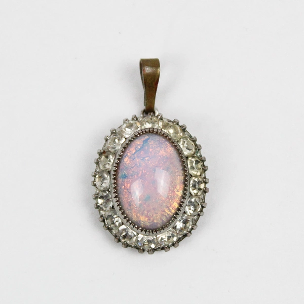 Vintage Silver-Tone Oval Opalite Pendant No Chain 1"