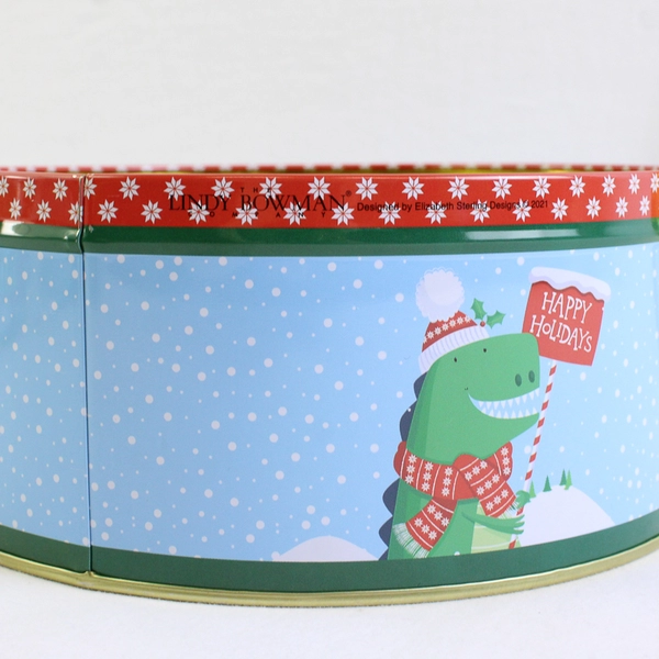Lindy Bowman Co. Round Christmas Dinosaur Cookie Tin 7"