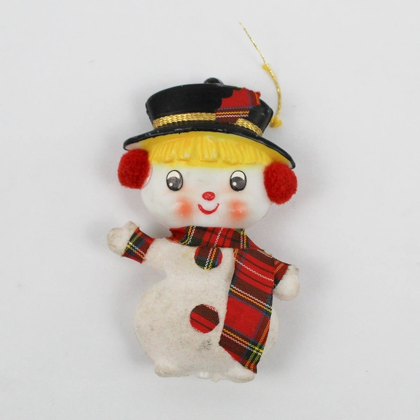 Vintage Finnish Christmas Ornament Flocked Snowman with Plaid Scarf