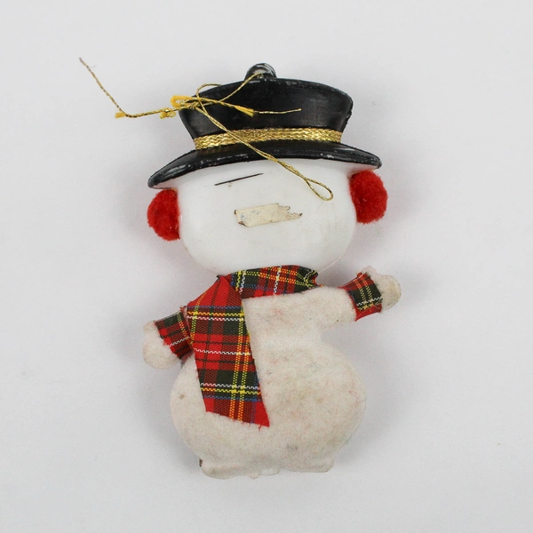 Vintage Finnish Christmas Ornament Flocked Snowman with Plaid Scarf