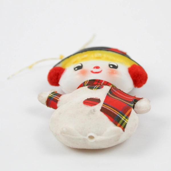 Vintage Finnish Christmas Ornament Flocked Snowman with Plaid Scarf